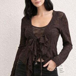 Brown Long Sleeve Top with Ruffle Detail